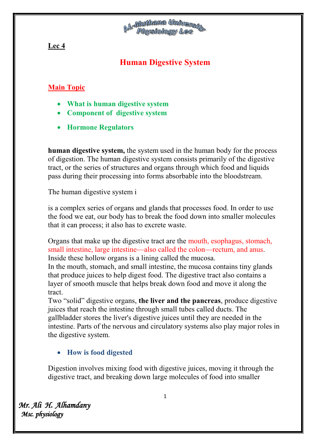 Mr. Ali H. Alhamdany Human Digestive System