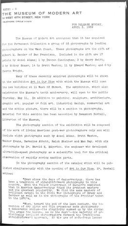 The Museum of Modern Art 14 West 49Th Street, New York Telephone: Circle 7-7470 for Release Monday, April 3, 1939