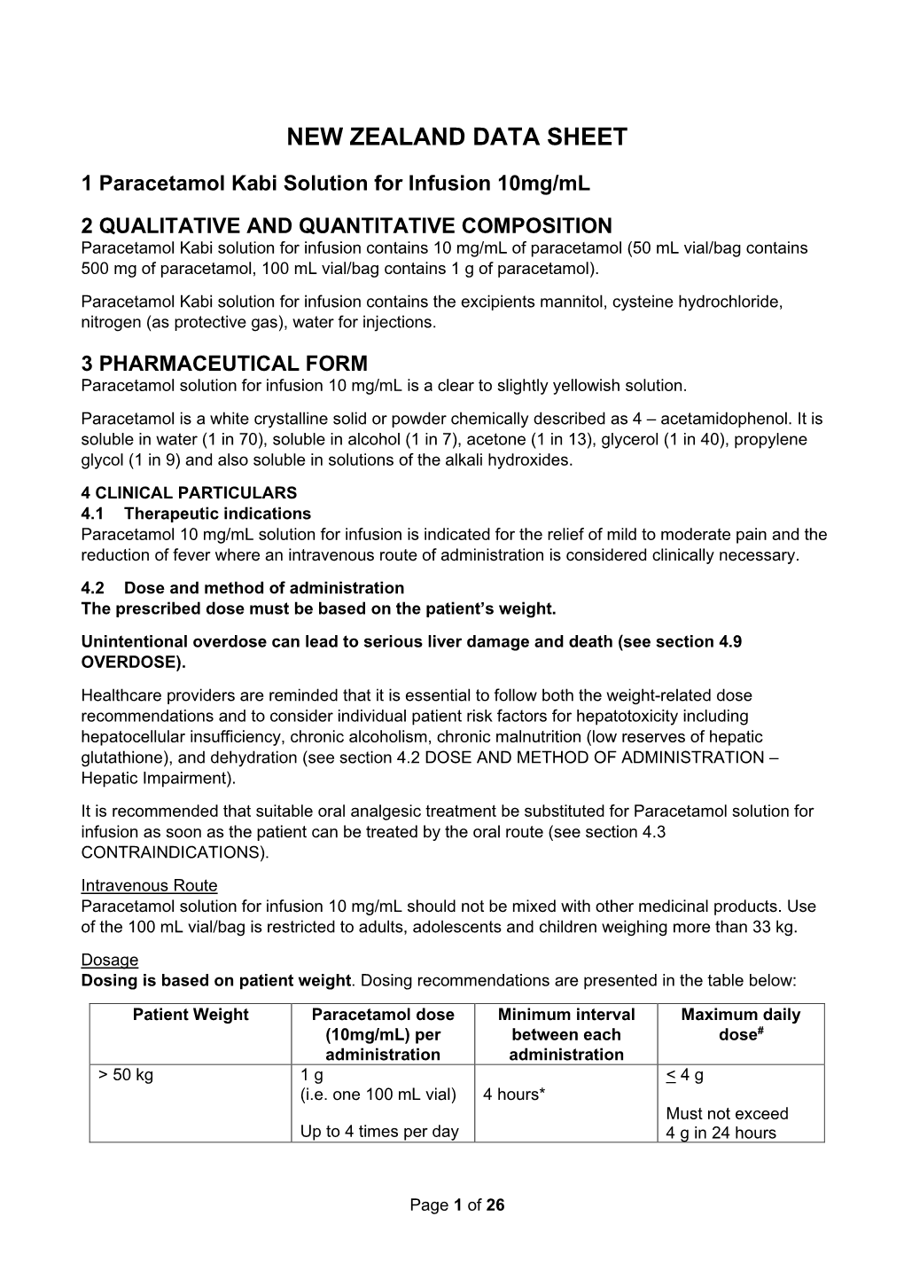 Paracetamol Kabi Data Sheet