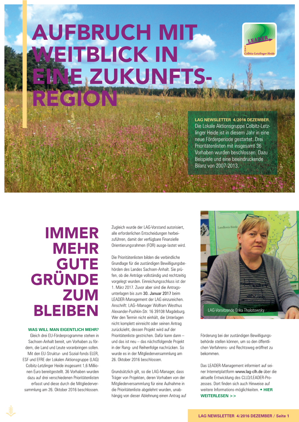 Aufbruch Mit Weitblick in Eine Zukunfts- Region LAG Newsletter 4/2016 Dezember