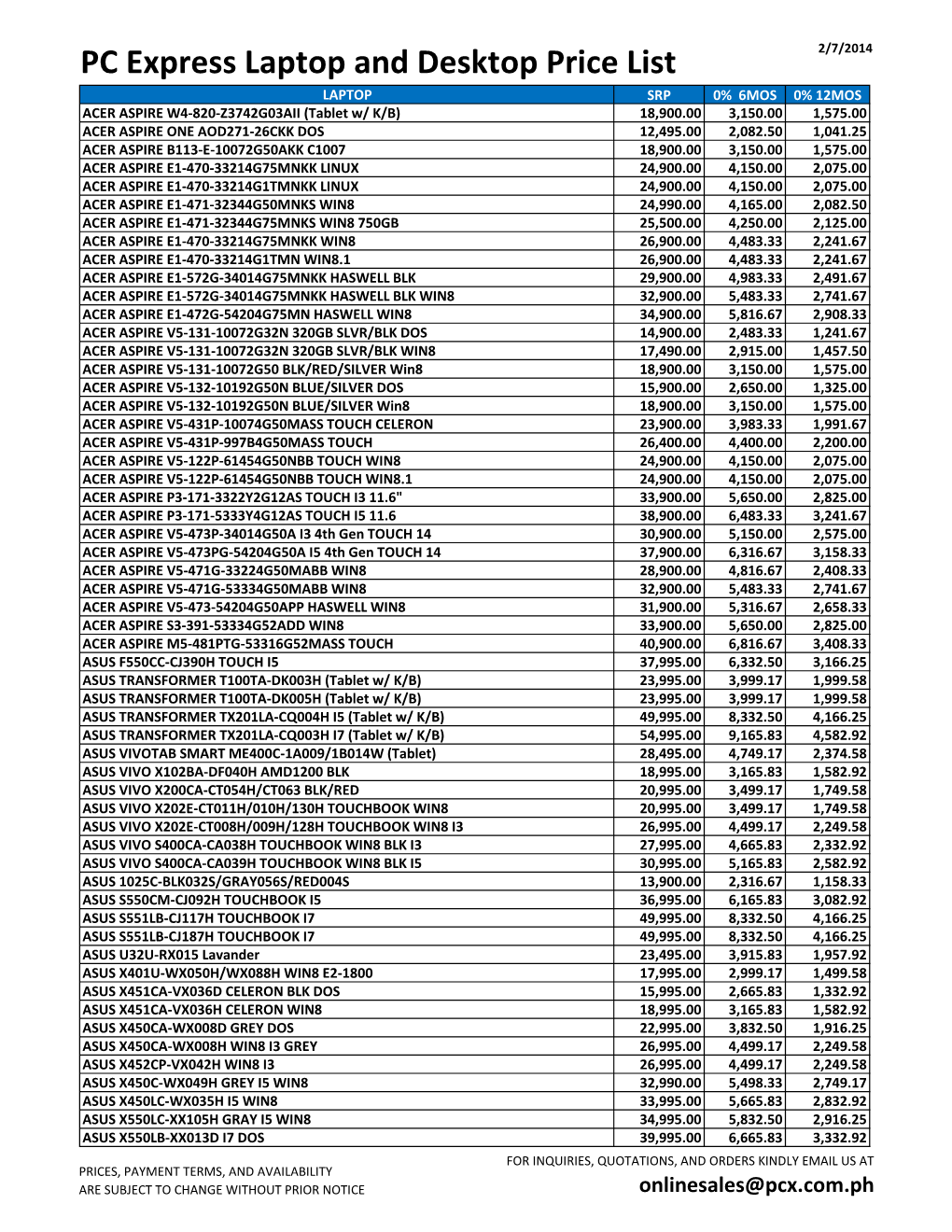 Laptop & Desktop Pricelist