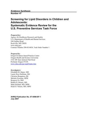 Screening for Lipid Disorders in Children and Adolescents: Systematic Evidence Review for the U.S