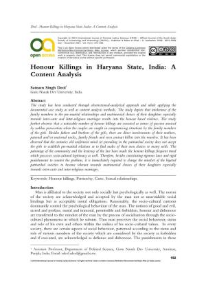 Honour Killings in Haryana State, India: a Content Analysis