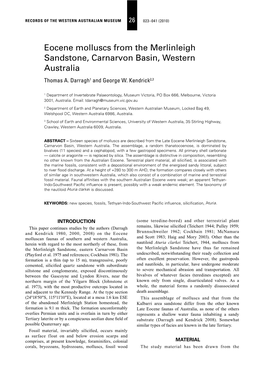Eocene Molluscs from the Merlinleigh Sandstone, Carnarvon Basin, Western Australia Thomas A