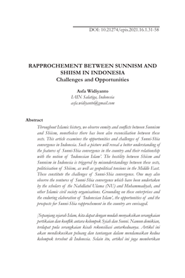RAPPROCHEMENT BETWEEN SUNNISM and SHIISM in INDONESIA Challenges and Opportunities