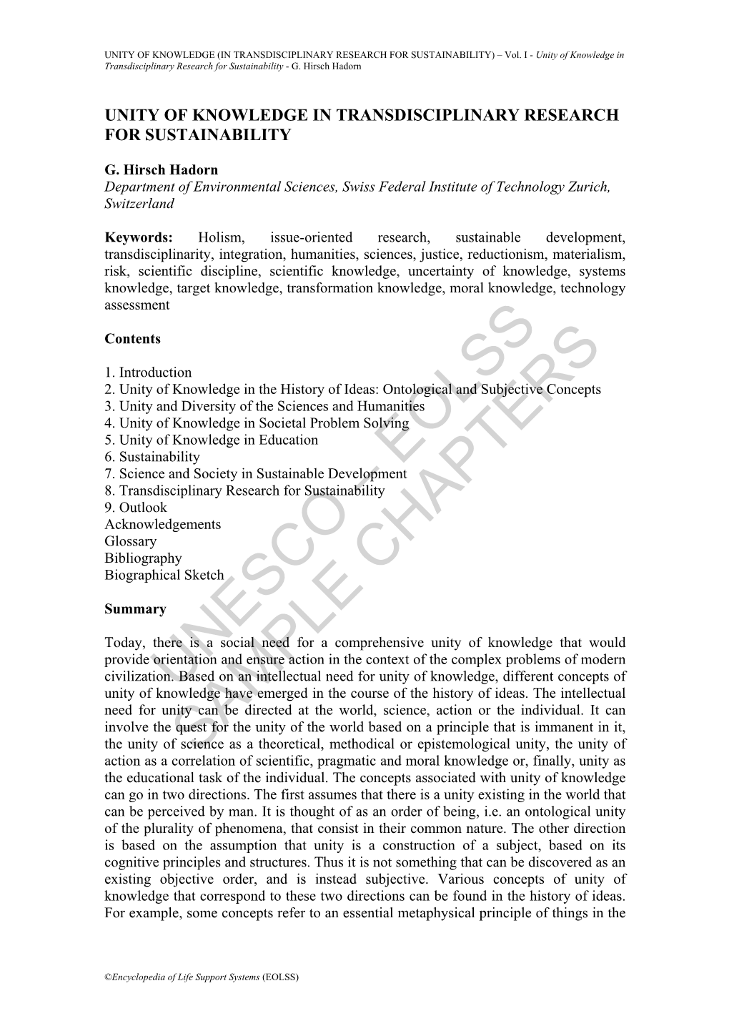 Unity of Knowledge in Transdisciplinary Research for Sustainability - G