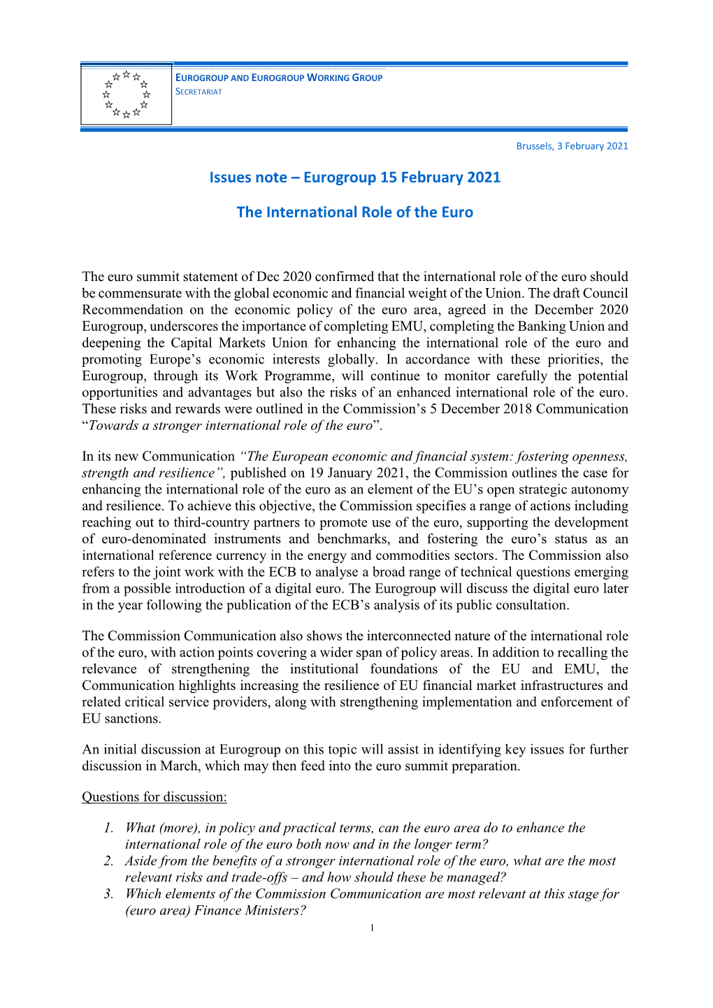 Issues Note – Eurogroup 15 February 2021 the International Role of the Euro