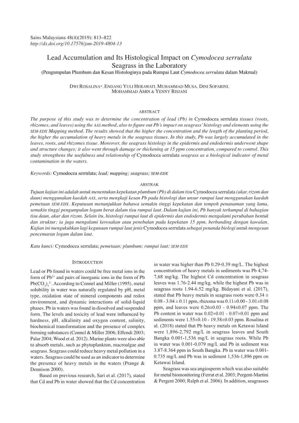 Lead Accumulation and Its Histological Impact on Cymodocea