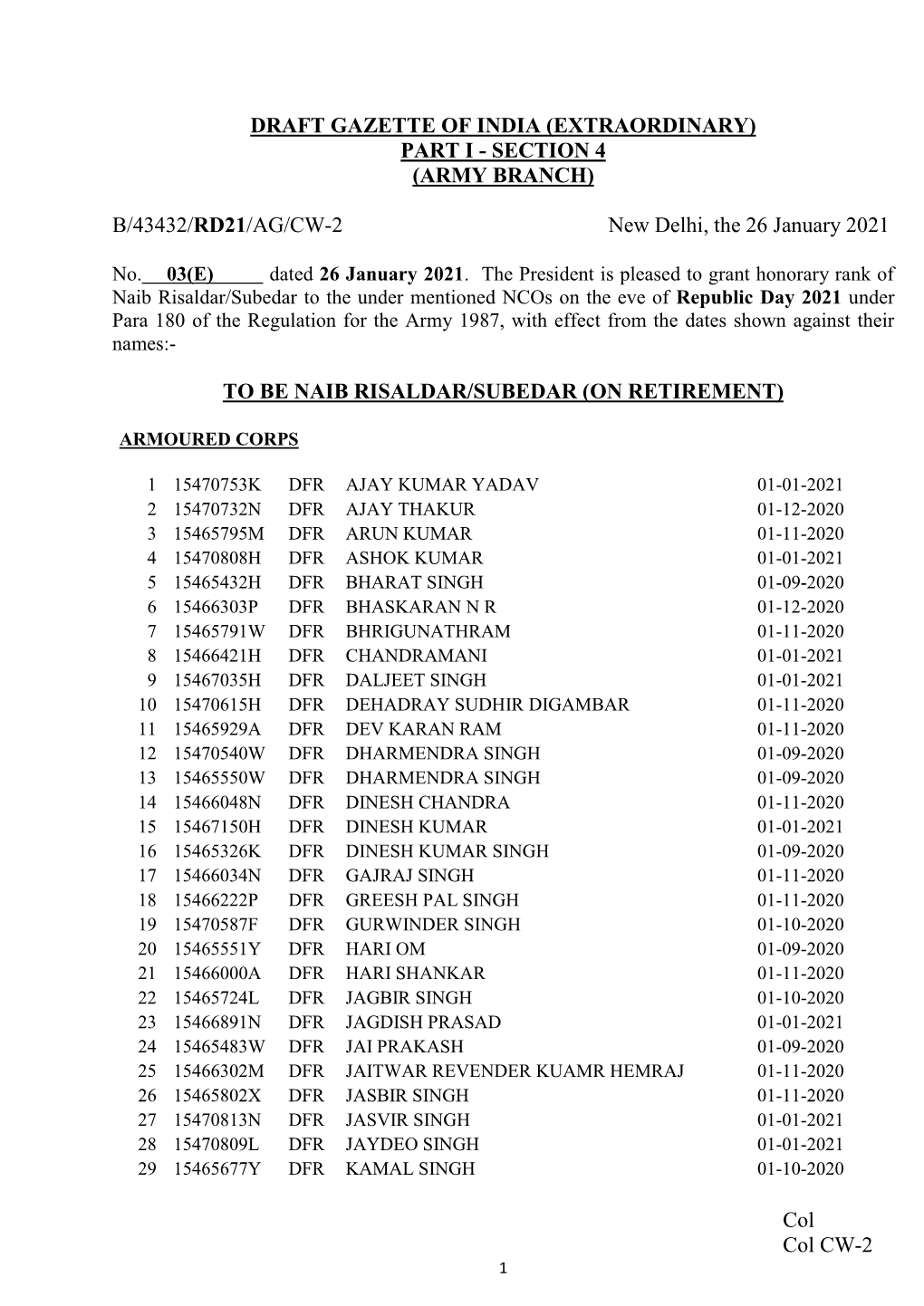 Col Col CW-2 DRAFT GAZETTE of INDIA (EXTRAORDINARY) PART I