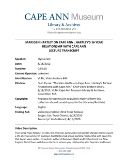 Marsden Hartley on Cape Ann : Hartley’S 16 Year Relationship with Cape Ann Lecture Transcript