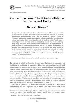 Cain on Linnaeus: the Scientist-Historian As Unanalysed Entity