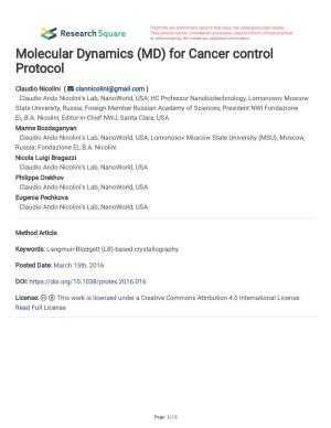 Molecular Dynamics (MD) for Cancer Control Protocol