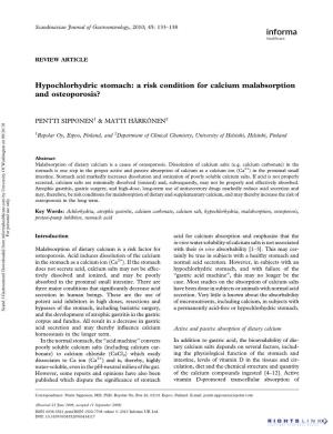 Hypochlorhydric Stomach: a Risk Condition for Calcium Malabsorption and Osteoporosis?