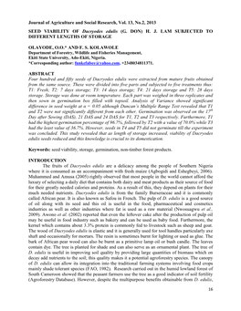 Journal of Agriculture and Social Research, Vol. 13, No.2, 2013 SEED VIABILITY of Dacryodes Edulis (G