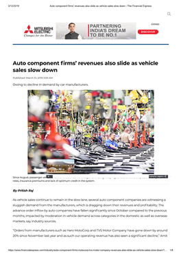 Auto Component Firms' Revenues Also Slide As Vehicle Sales Slow Down - the Financial Express