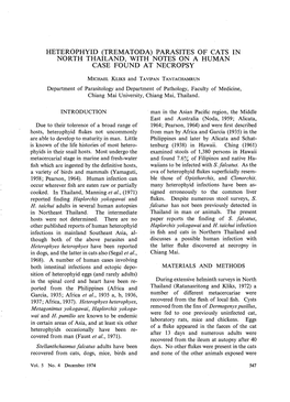 Heterophyid (Trematoda) Parasites of Cats in North Thailand, with Notes on a Human Case Found at Necropsy