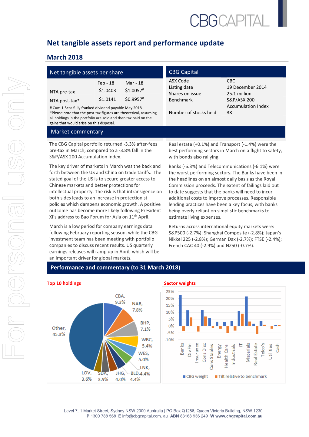 Net Tangible Assets Report and Performance Update March 2018
