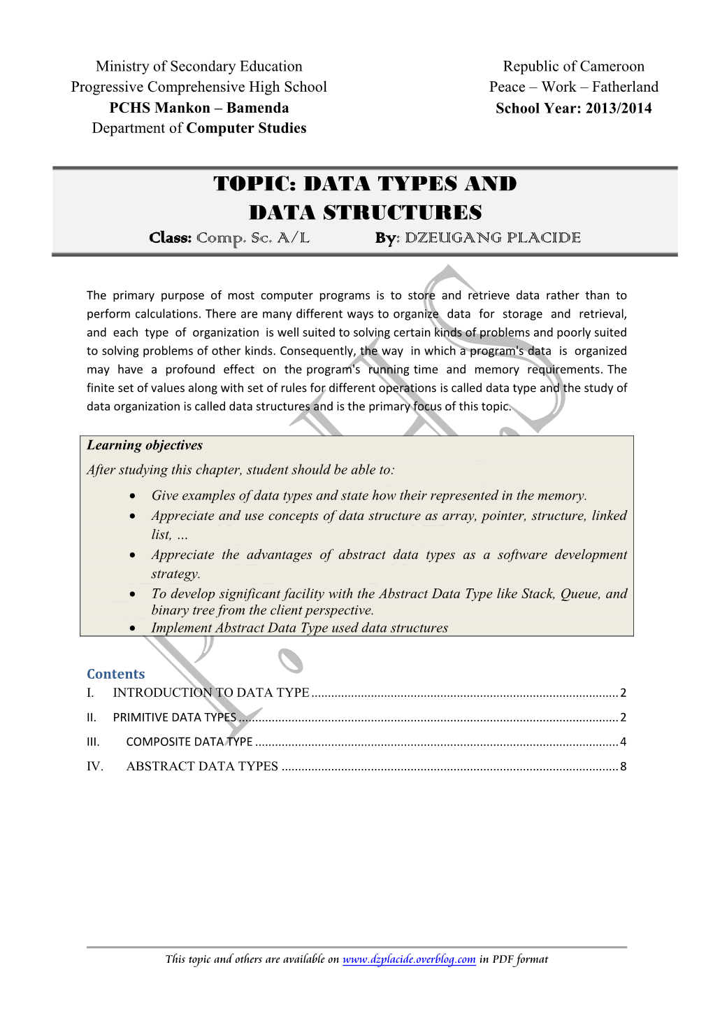 DATA TYPES and DATA STRUCTURES Class: Comp