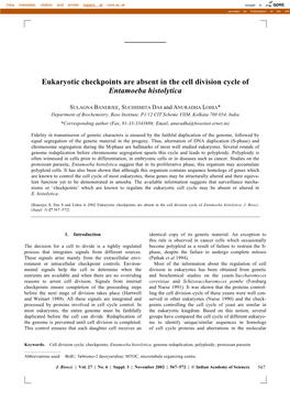 Eukaryotic Checkpoints Are Absent in the Cell Division Cycle of Entamoeba Histolytica