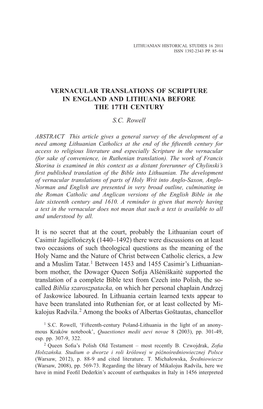 Vernacular Translations of Scripture in England and Lithuania Before the 17Th Century S.C