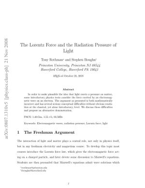 The Lorentz Force and the Radiation Pressure of Light