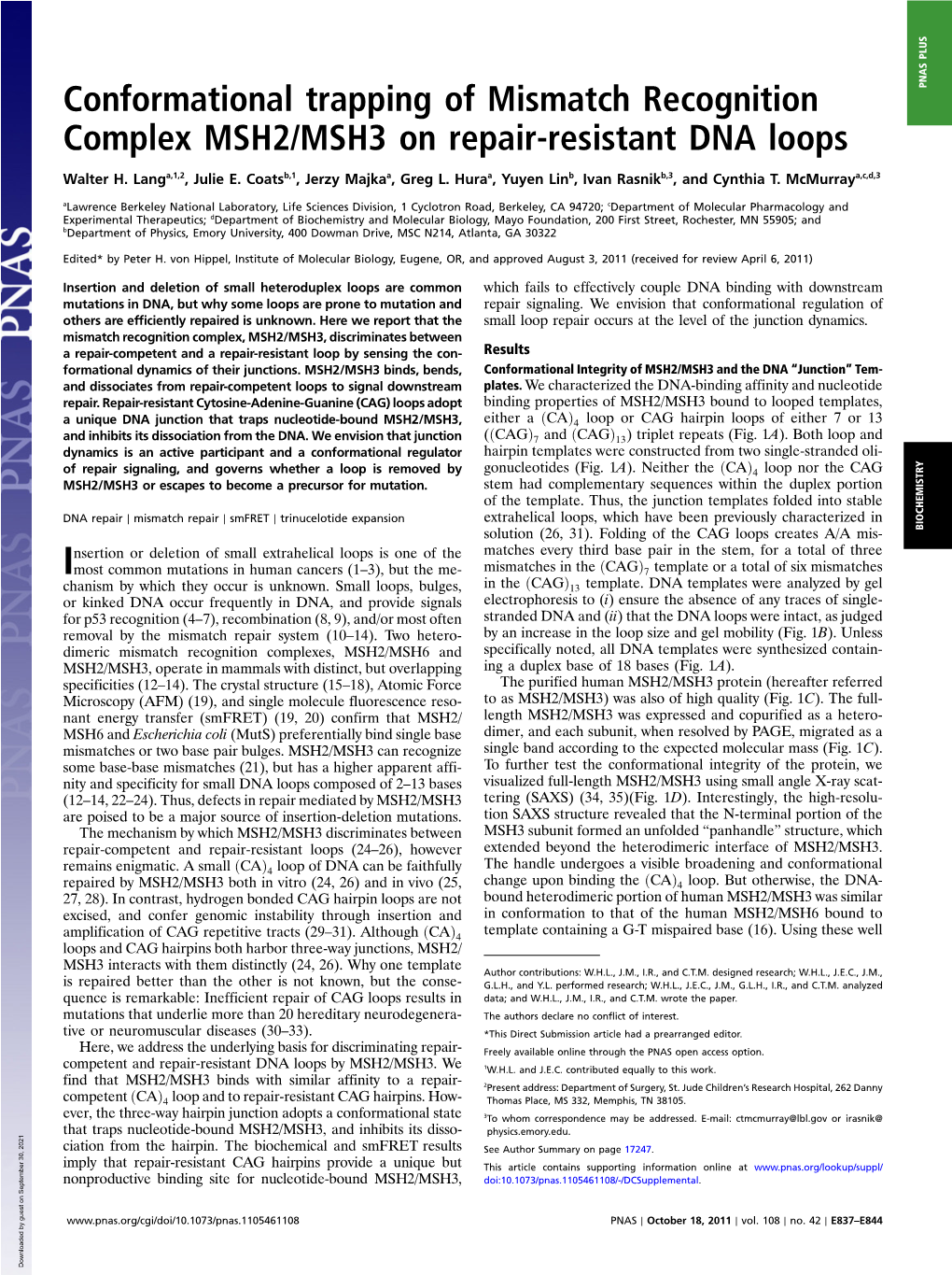 Conformational Trapping of Mismatch Recognition Complex MSH2/MSH3