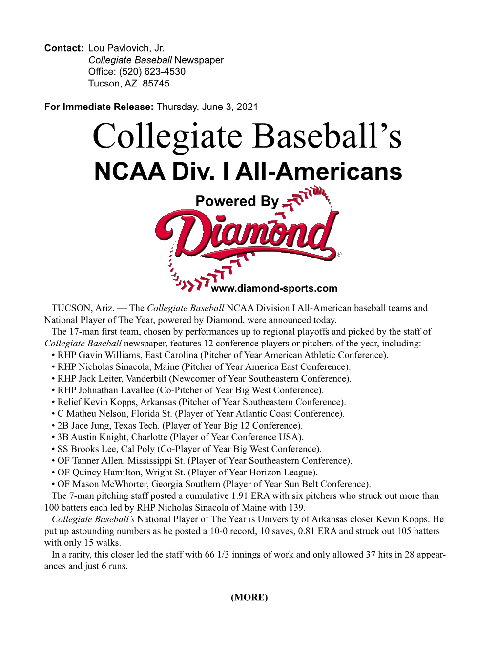 2021 Collegiate Baseball All Americans