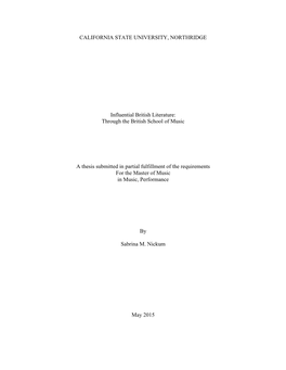 Through the British School of Music a Thesis Submitted I