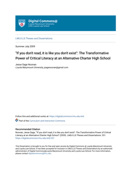 If You Don't Read, It Is Like You Don't Exist": the Transformative Power of Critical Literacy at an Alternative Charter High School