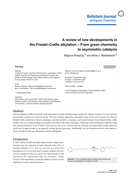 A Review of New Developments in the Friedel–Crafts Alkylation – from Green Chemistry to Asymmetric Catalysis