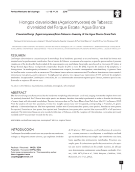 Hongos Clavarioides (Agaricomycetes) De Tabasco: Diversidad Del Parque Estatal Agua Blanca