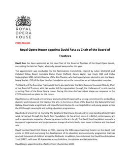 Royal Opera House Appoints David Ross As Chair of the Board of Trustees