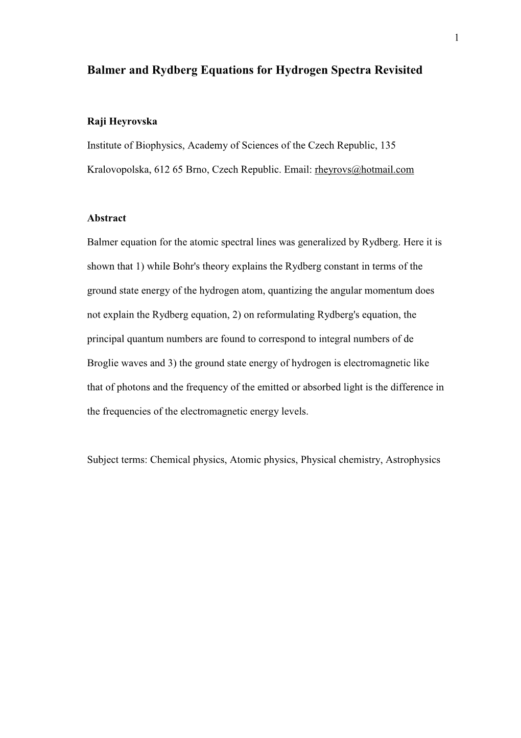 Balmer and Rydberg Equations for Hydrogen Spectra Revisited