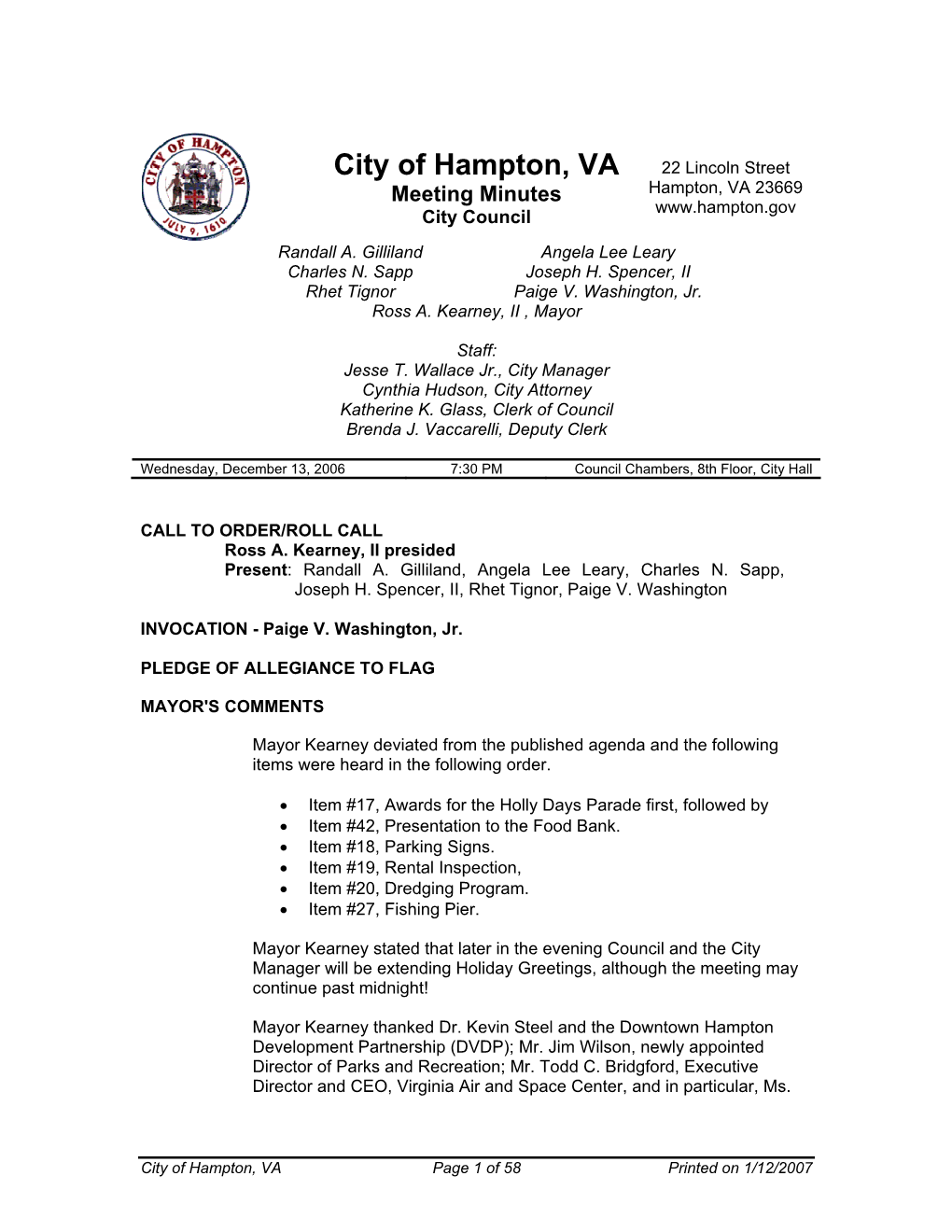 City of Hampton, VA 22 Lincoln Street Meeting Minutes Hampton, VA 23669 City Council