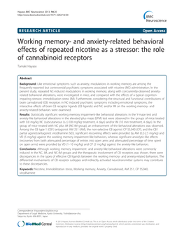 And Anxiety-Related Behavioral Effects of Repeated Nicotine As a Stressor: the Role of Cannabinoid Receptors Tamaki Hayase