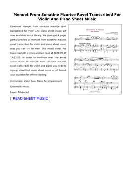 Menuet from Sonatine Maurice Ravel Transcribed for Violin and Piano Sheet Music