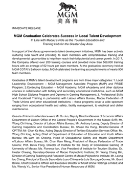 MGM Graduation Celebrates Success in Local Talent Development in Line with Macau’S Role As the Tourism Education and Training Hub for the Greater Bay Area