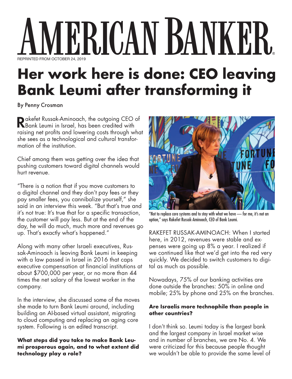 CEO Leaving Bank Leumi After Transforming It by Penny Crosman