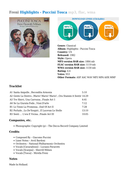 Freni Highlights - Puccini Tosca Mp3, Flac, Wma