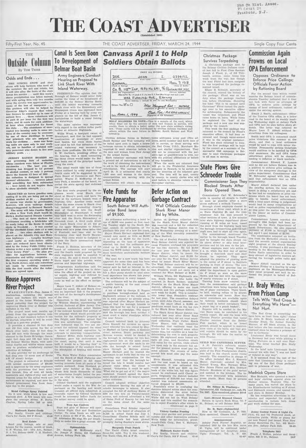 THE COAST ADVERTISER, FRIDAY, MARCH 24, 1944 Single Copy Four Cents