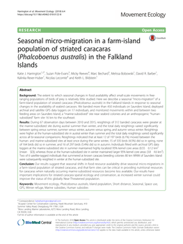 Seasonal Micro-Migration in a Farm-Island Population of Striated Caracaras (Phalcoboenus Australis) in the Falkland Islands Katie J