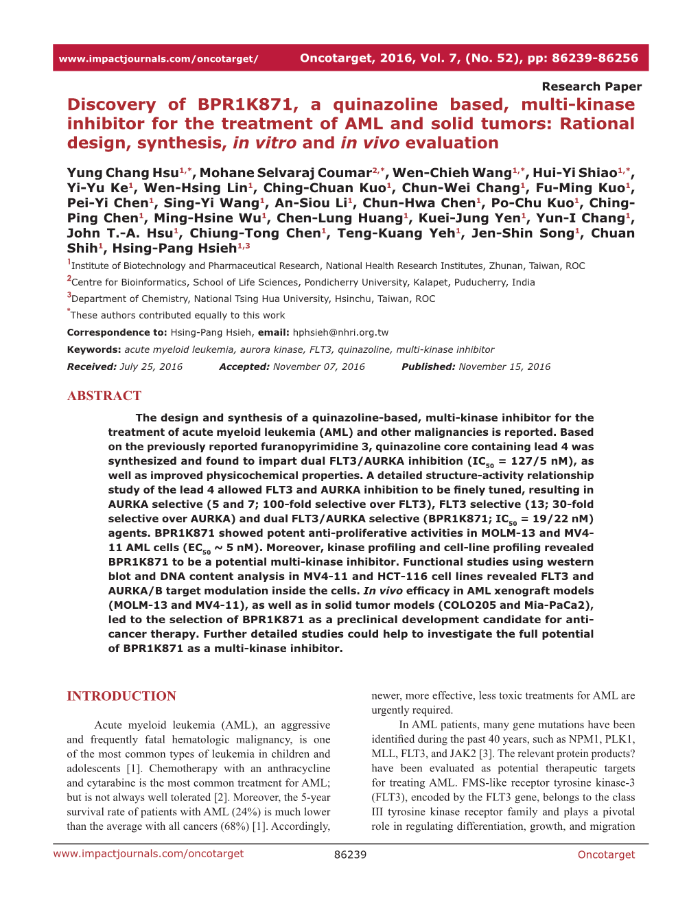 Discovery of BPR1K871, a Quinazoline Based