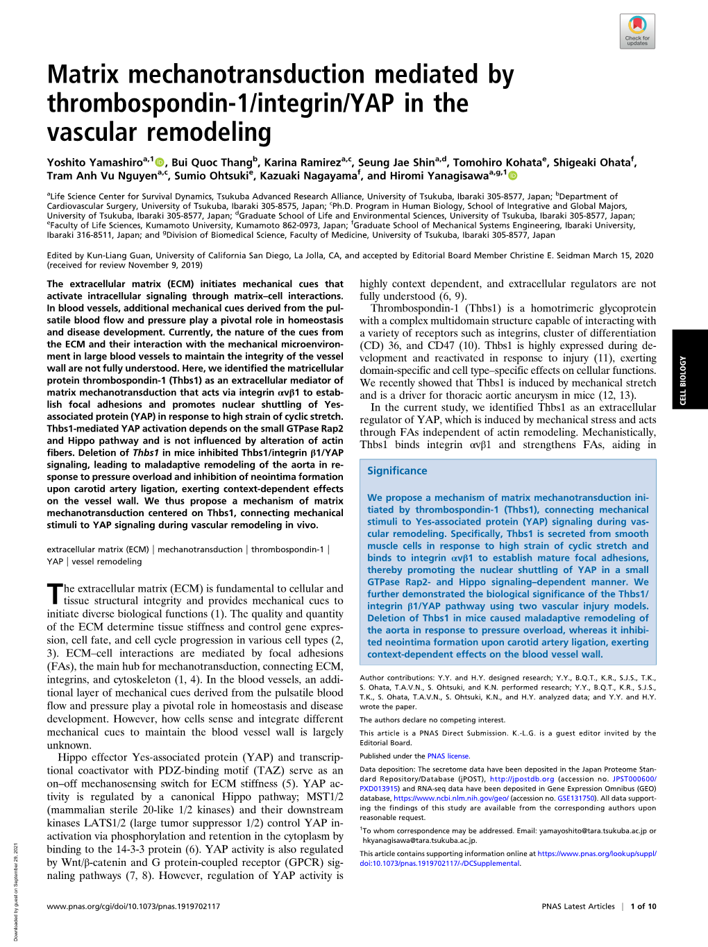 Matrix Mechanotransduction Mediated by Thrombospondin-1/Integrin/YAP in the Vascular Remodeling