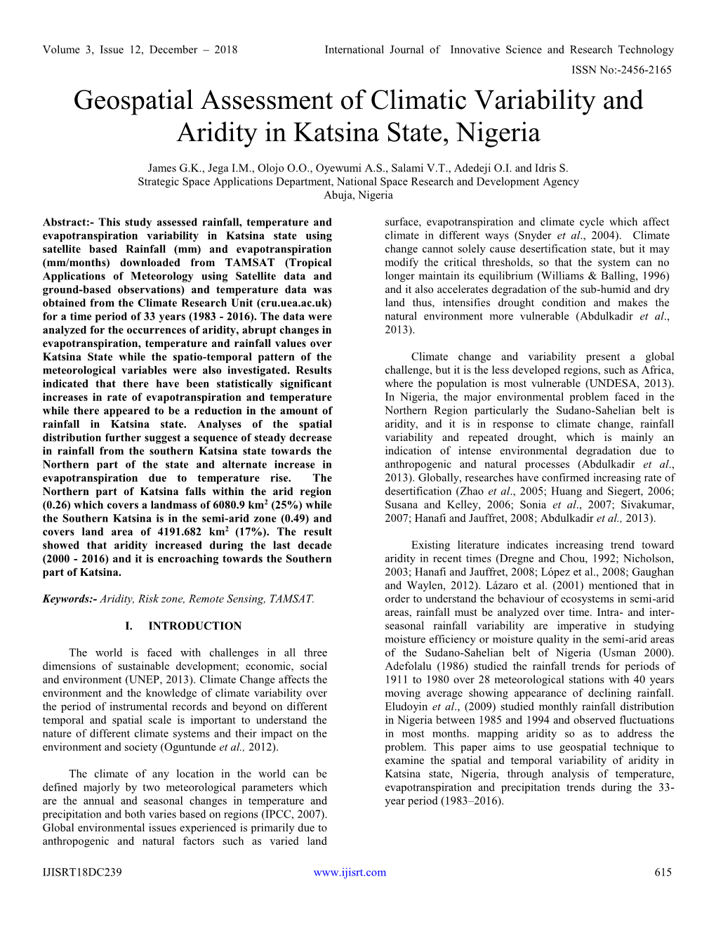 Geospatial Assessment of Climatic Variability and Aridity in Katsina State, Nigeria