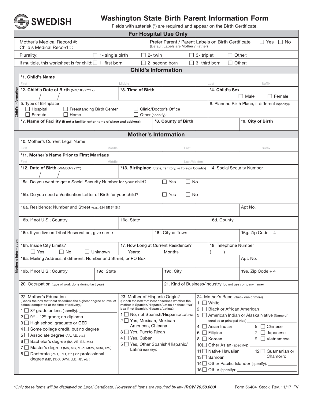 Washington State Birth Filing Form