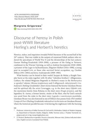 Discourse of Heresy in Polish Post-WWII Literature Herlingâ•Žs