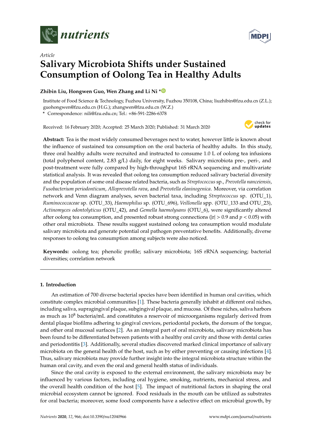 Salivary Microbiota Shifts Under Sustained Consumption of Oolong Tea in Healthy Adults