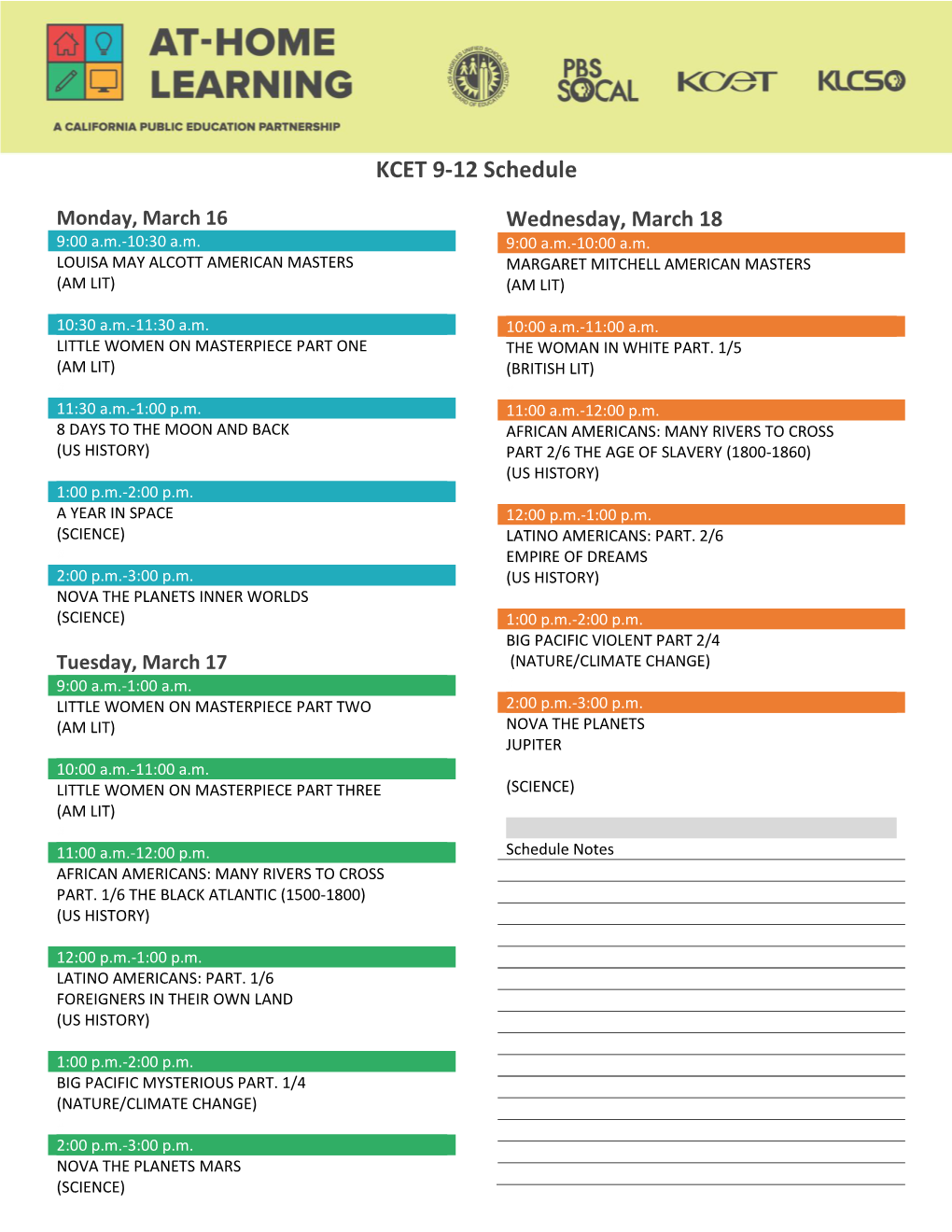 KCET 9-12 Schedule
