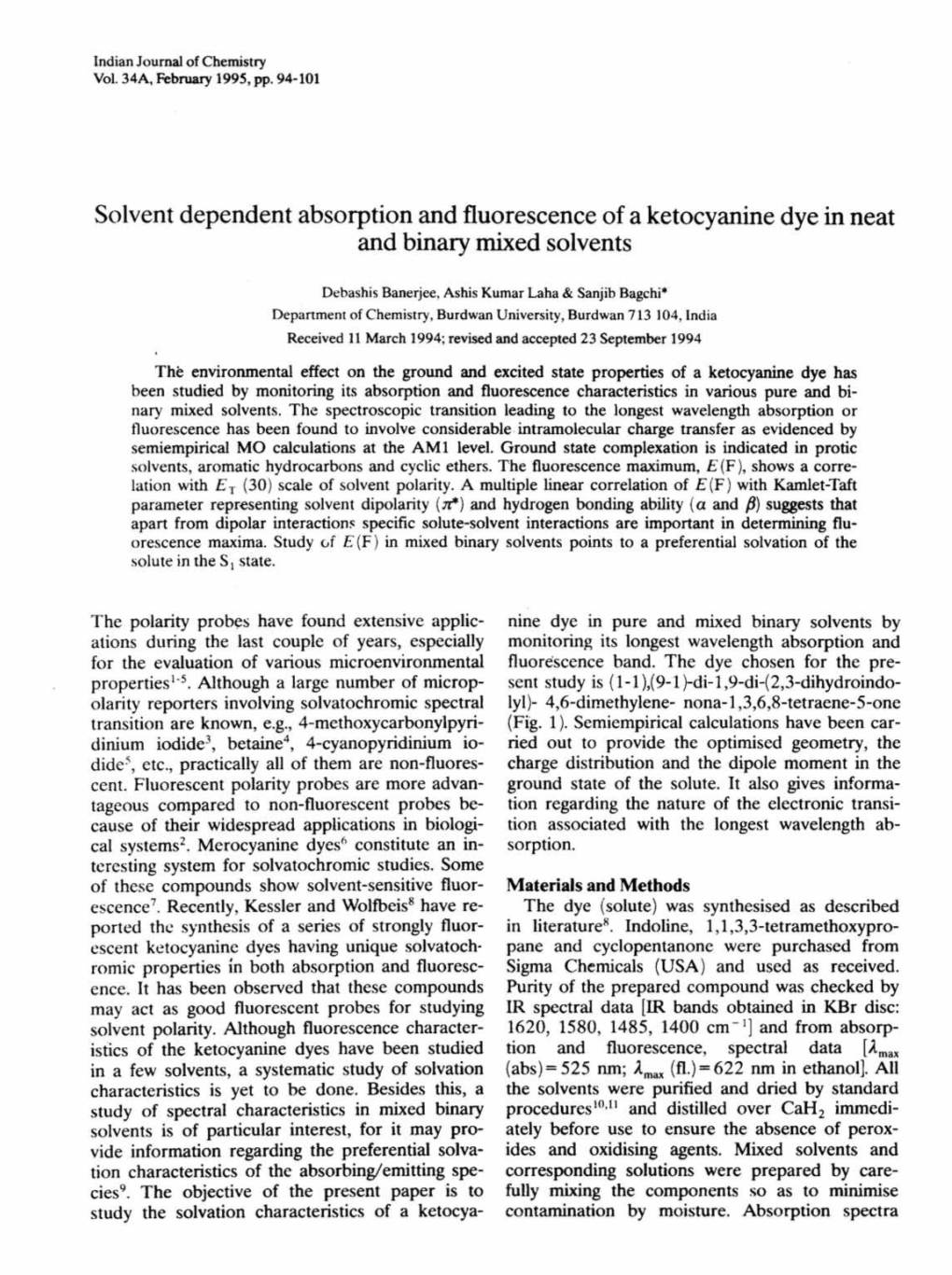 Solvent Dependent Absorption and Fluorescence Ofaketocyanine Dye