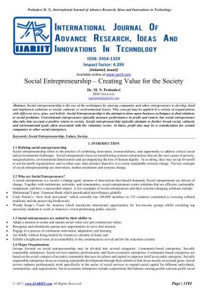 Social Entrepreneurship – Creating Value for the Society Dr